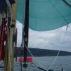 Petite navigation matinale sur le lac d'Annecy avec un vent à 8 à 10 noeuds dans les rafales.